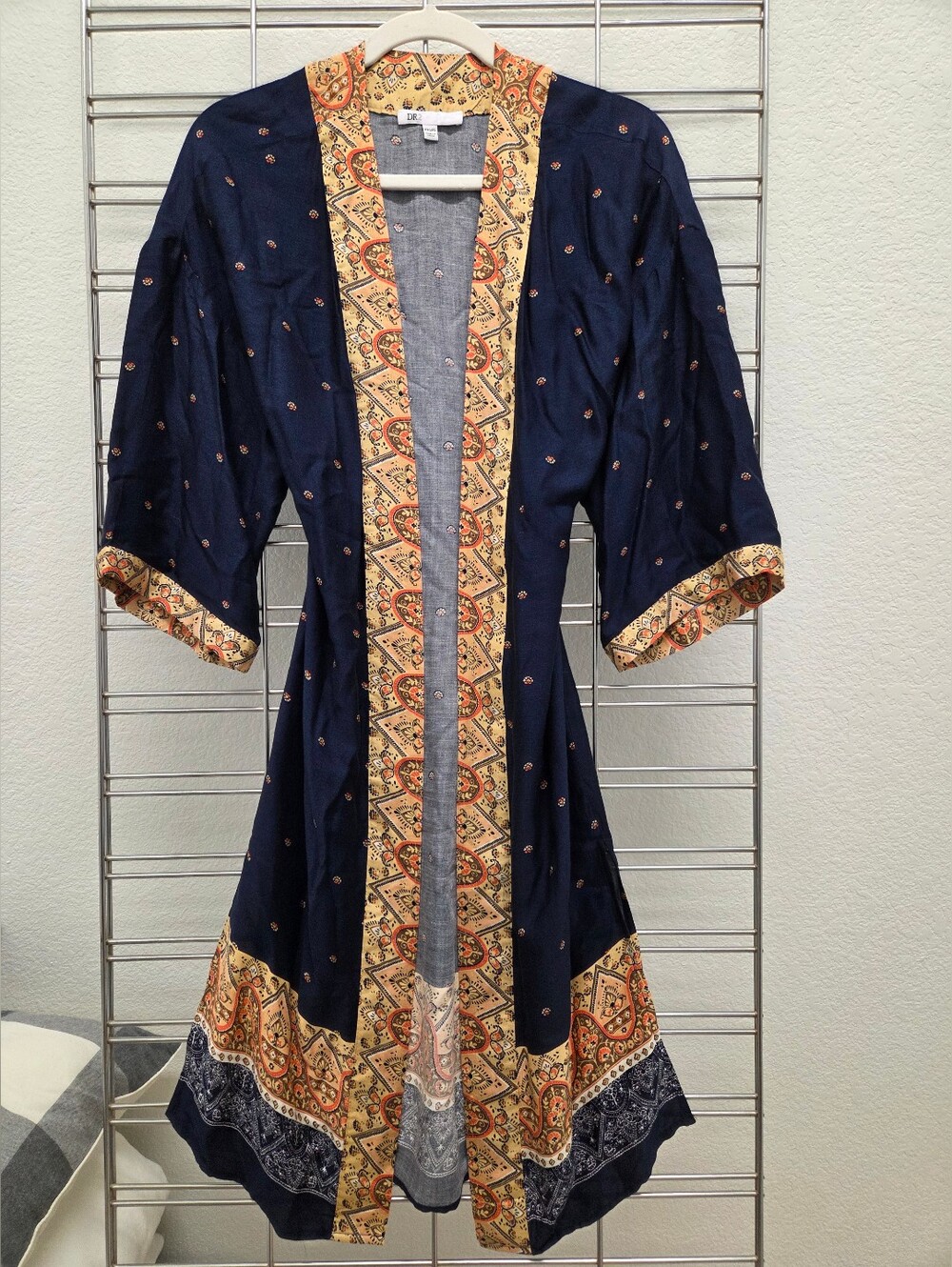 DR2 Navy Blue and Gold Printed Open Kimono Dress